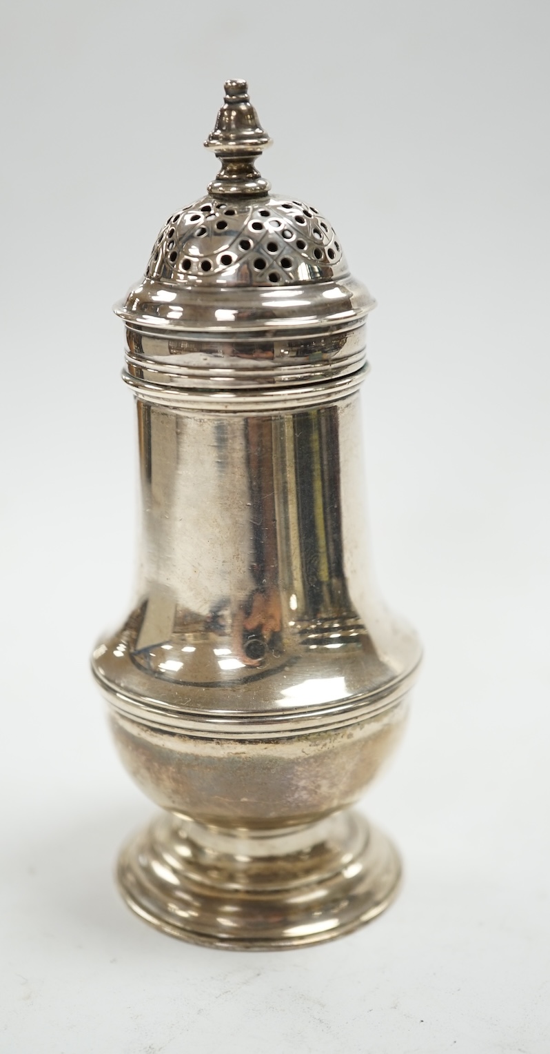 A George III silver baluster pepperette, by Samuel Wood, London, 1768, 10.7cm (cover unmarked). Condition - fair